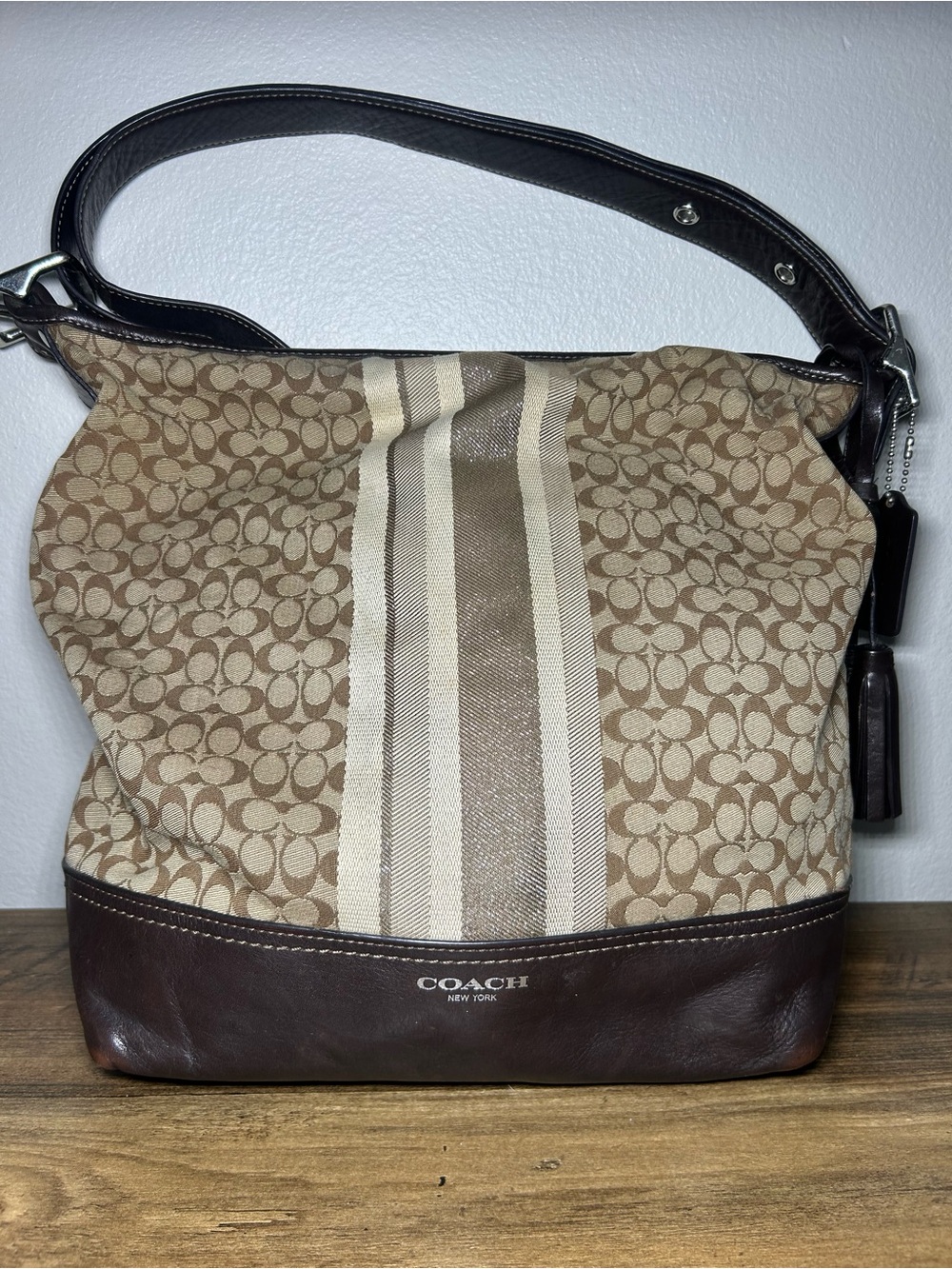 Coach Brown & Cream Signature Stripe Shoulder Bag